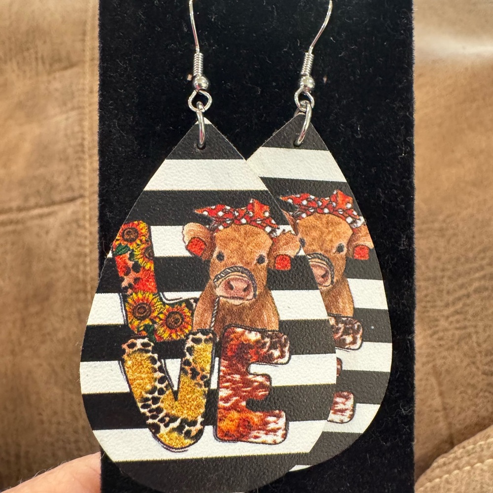 Black & White Striped 'LOVE' Cow Teardrop Earrings